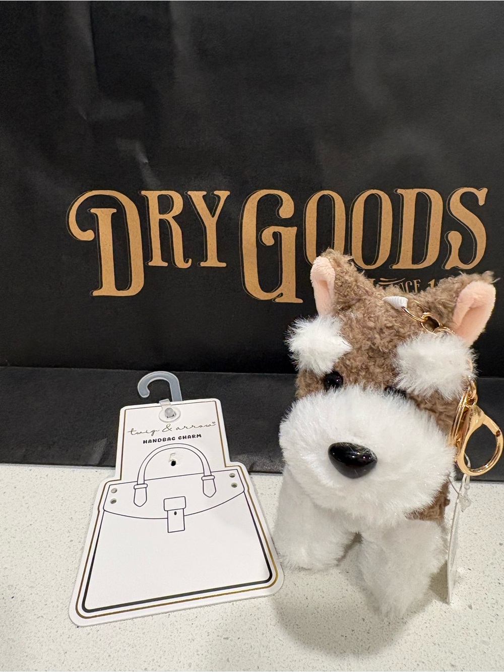 Dry Goods Brown & White Plush Dog Handbag Charm with Gold Clasp